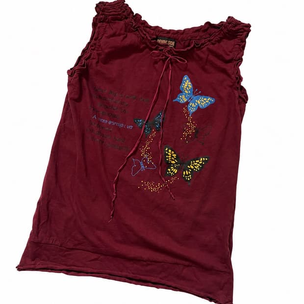 버건디 버터플라이 프릴 슬리브리스 탑