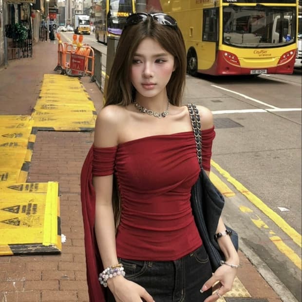 원숄더 리본 레드 티셔츠