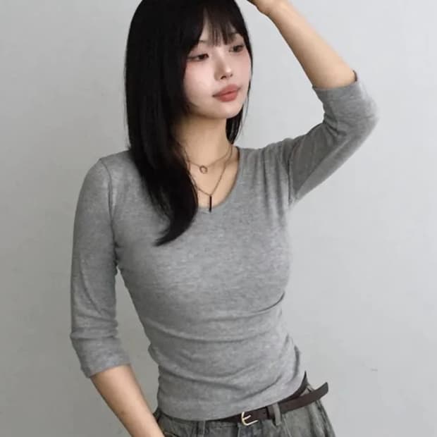 (새상품) 슬림핏 핏쉬 셔링 7부 티셔츠 그레이