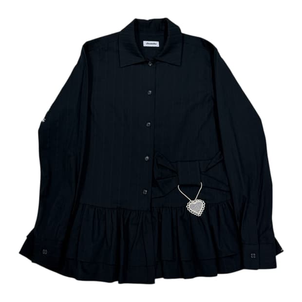 체메씨 보우 프릴 리본 셔츠 블루 블랙