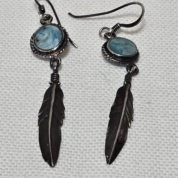 페루 빈티지 블루 오팔톤 깃털 드롭 실버 925이어링