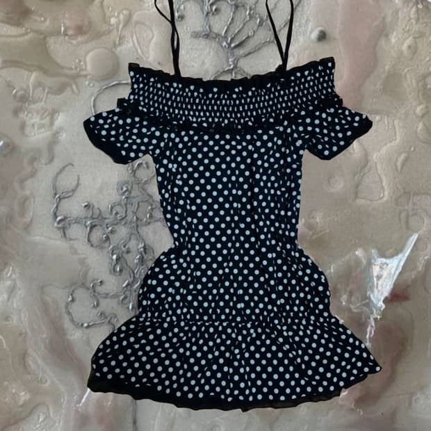 일본 빈티지 갸루 로걀탑 블랙 도트 오프숄더 블라우스 레이스 슈가슈가룬