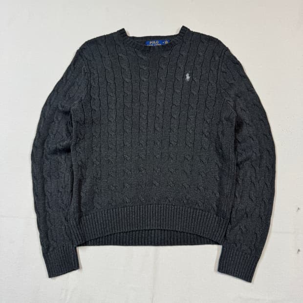 M) 폴로 랄프로렌 코튼 케이블 꽈배기 라운드넥 니트 차콜