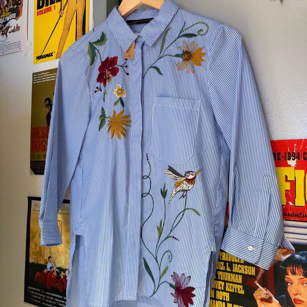 자라 스트라이프 자수 셔츠