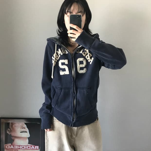 아베크롬비 중앙 자수로고 헤비코튼 네이비 후드집업