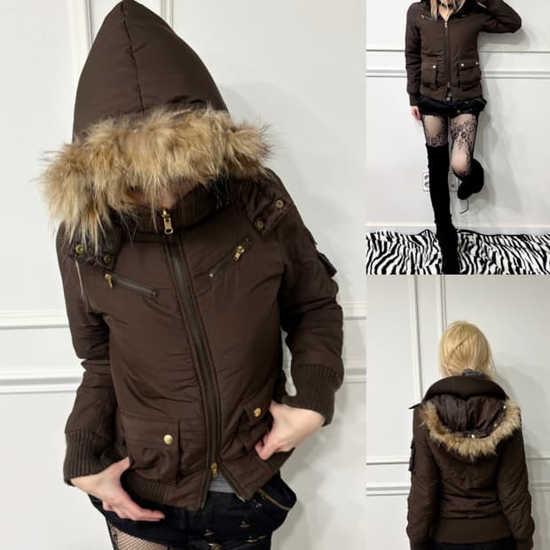 High Neck Design Multi Pocket Brown Fur 
