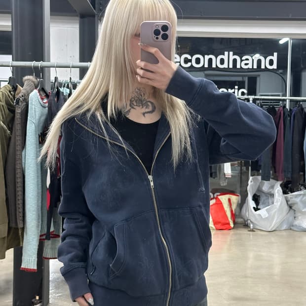 스투시 네이비 올오버 스티치 로고 후드 집업