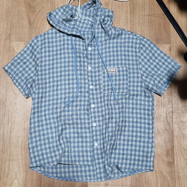 빈티지 오버핏 체크 반팔 후드 셔츠 하늘