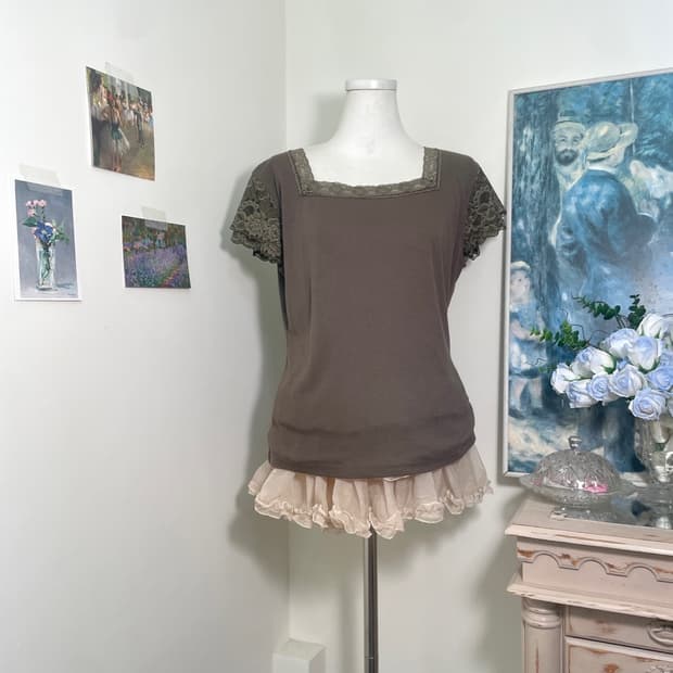 khaki lace trim square-neck top