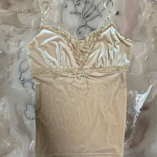 빈티지 라떼 갸루 베이지 벨벳 레이스 캐미솔 로걀탑 나시 슬리브리스