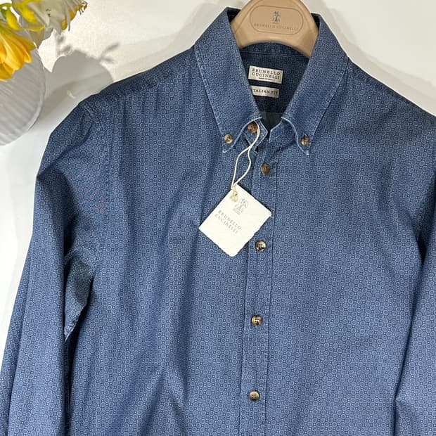 브루넬로 쿠치넬리 이탈리안 핏 자수 패턴 네이비 셔츠