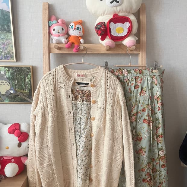 모리걸 빈티지 잔꽃 블라우스 가디건 set 💚🧡🌸