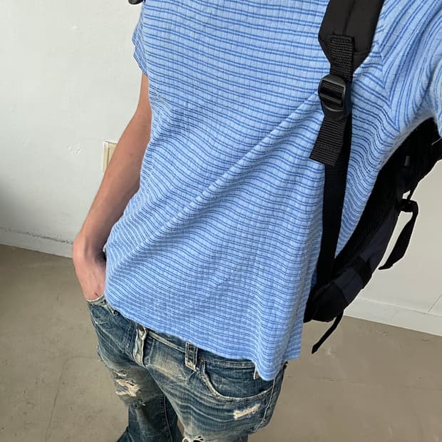 Vintage 스트라이프 리브 티셔츠 M Blue