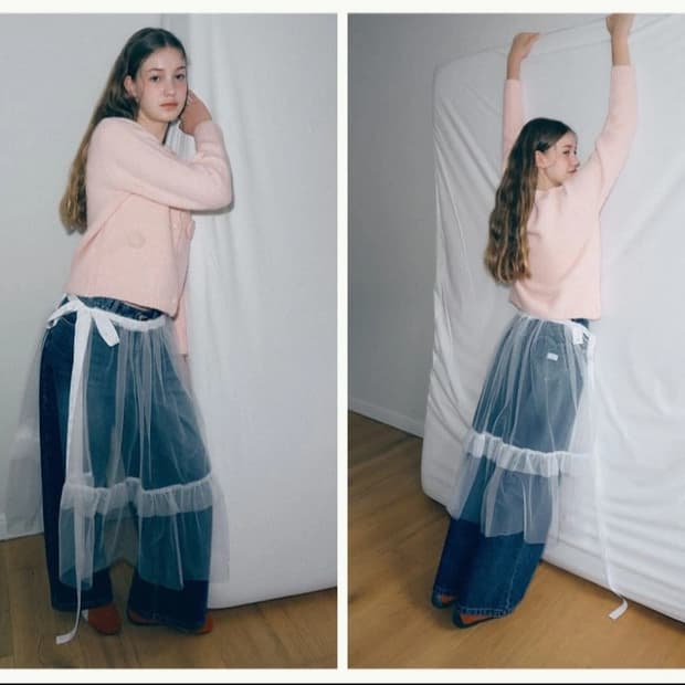 [새상품] 론론 RONRON 쉬어 레이어드 러플 스커트 화이트