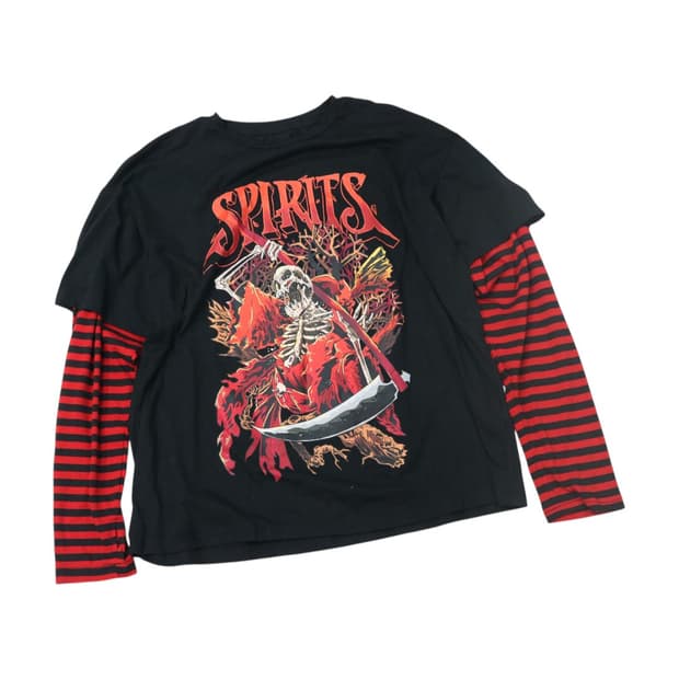 펑크룩 스컬 사신 프린팅 레드 스트라이프 레이어드 긴팔티