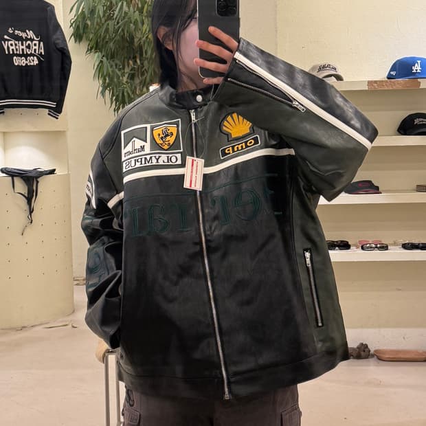 페라리 스폰서 그린 빅로고 레이싱 레더 자켓 U346