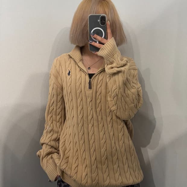 XL 폴로 랄프 로렌 꽈배기 하프집업 니트 베이지