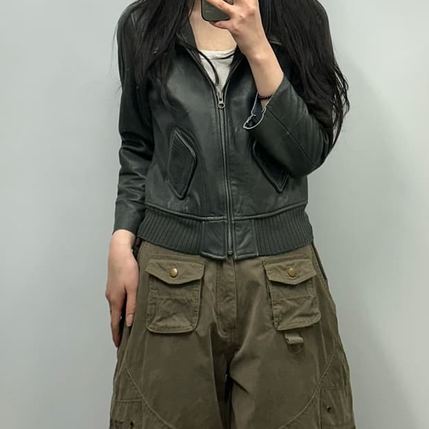 Vintage 카키 양가죽 레더 후드 자켓