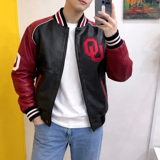 90s QJ Oklahoma Sooners 풋볼 레더 바시티 자켓
