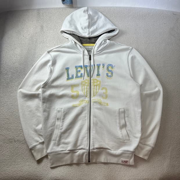 100 리바이스 방패로고 화이트 후드집업 #410