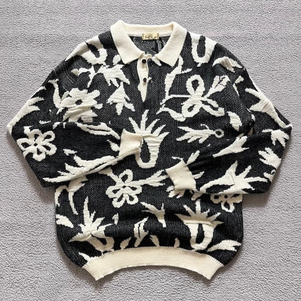 빈티지 플라워 패턴 자카드 니트 카라 스웨터