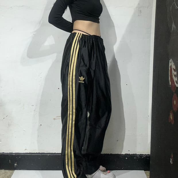 90s 아디다스 블랙 골드 삼선 와이드 파이어버드 추리닝 바지 L