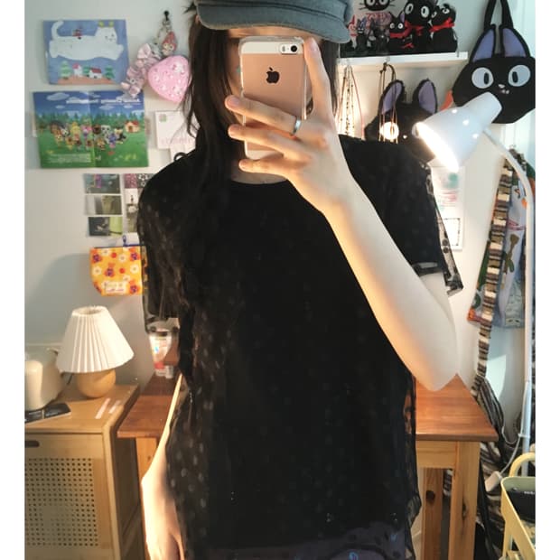 vintage sheer dot pattern mesh top black