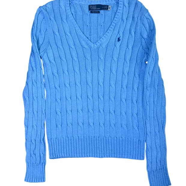 (무배) 폴로 랄프로렌 브이넥 케이블 니트 QR정품 라이트 블루