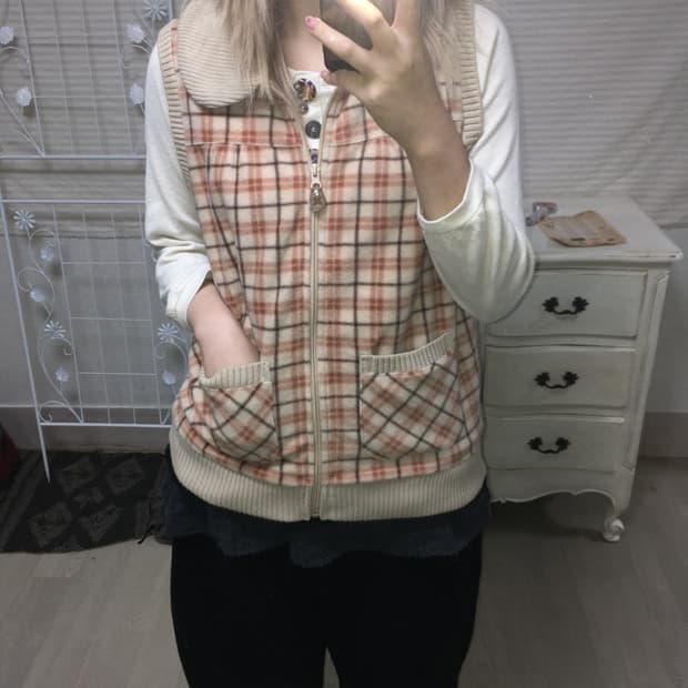 jpn vintage 베이지 핑크 카라 체크 플리스 집업