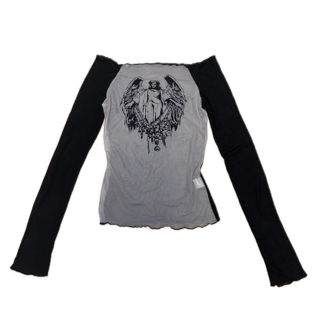 오프숄더 프린팅 시스루 티