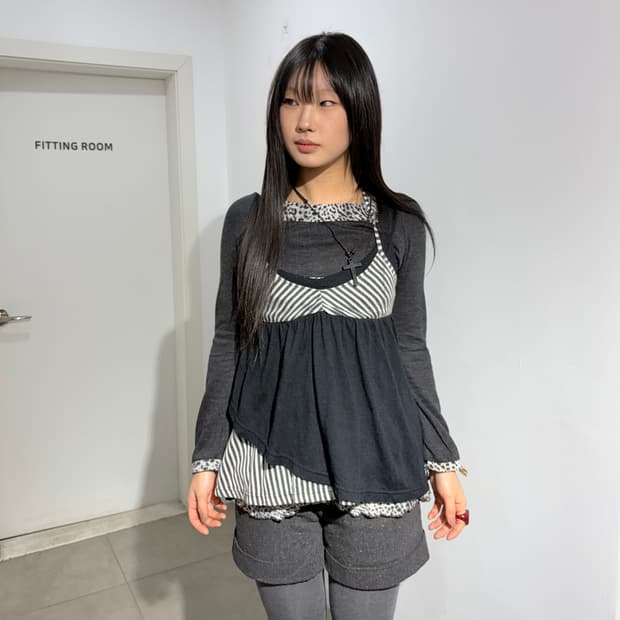 스트라이프 레이어드 갸루 나시 티셔츠