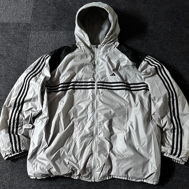 90's 아디다스 리버시블 빅로고 자수 그레이 후드점퍼
