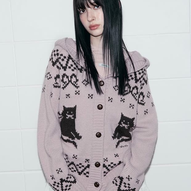 로라로라 고양이 자카드 후드 가디건 핑크