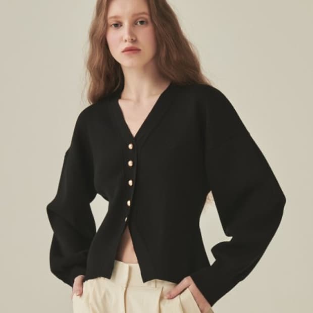 ronron 론론 라운드 라인 금장 버튼 블랙 가디건 니트 F