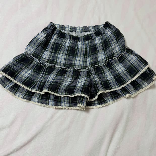 네이비 그린 체크 레이스 캉캉 큐롯 히메 갸루 모리 빈티지 스커트 치마
