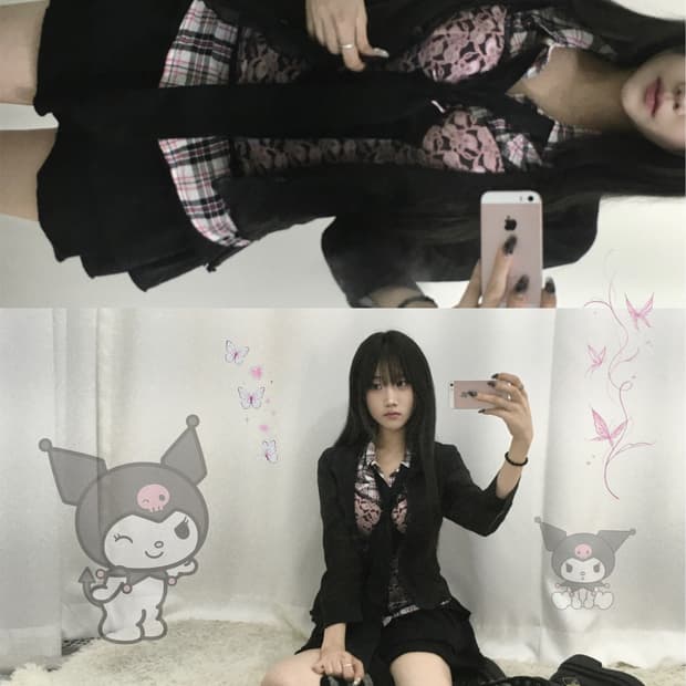 쿠루미코어 무채색 공겜여주깔 캐캐체 핑크 체크 코디세트