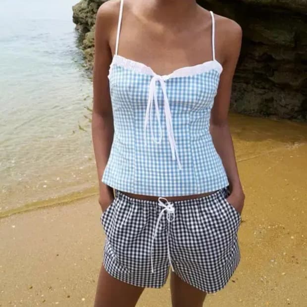 자라 리본 깅엄 체크 탑 블루 XS