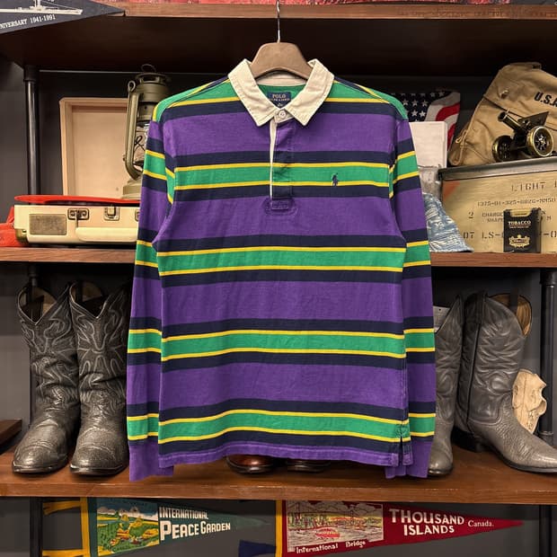 신형라벨 폴로 랄프로렌 멀티컬러 스트라이프 저지 럭비셔츠 퍼플 N913