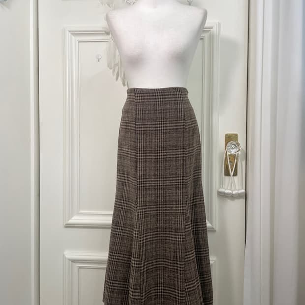 brown wool check flare long skirt