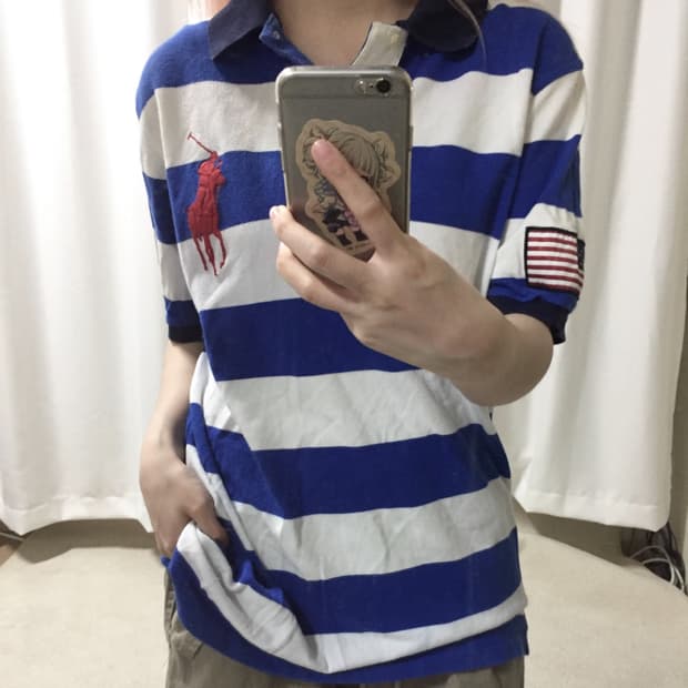 폴로 랄프로렌 화이트 블루 스트라이프 빅포니 USA 성조기 카라 반팔 티