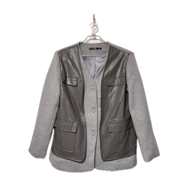 앞판 인조가죽 배색 울 노카라 자켓