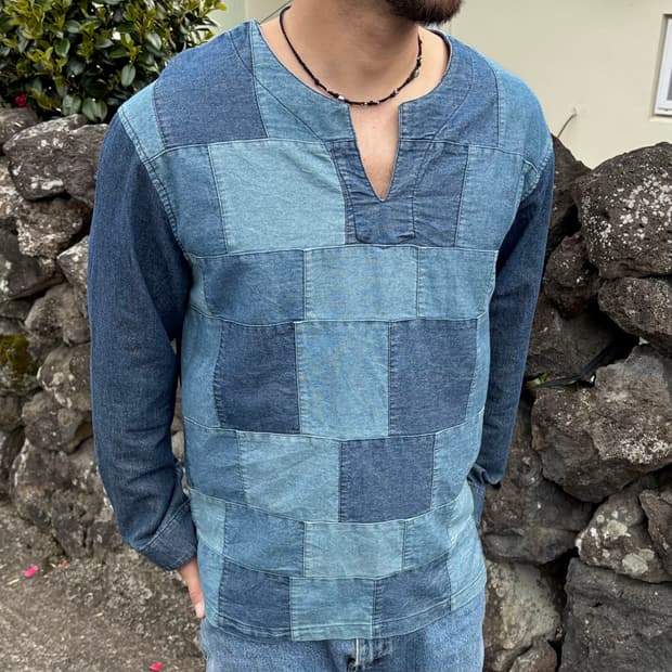 일본 캐주얼 빈티지 패치워크 데님 튜닉 셔츠/롱슬리브 (캐피탈st)
