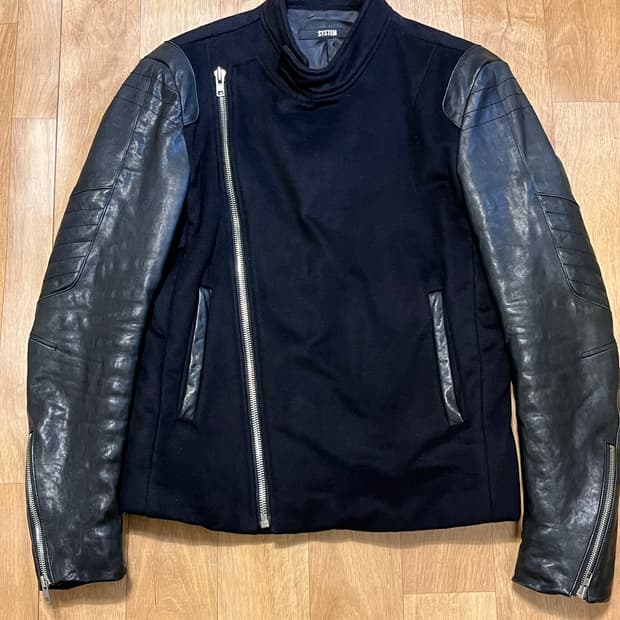 우영미 시스템 싱글 레이싱자켓 울 양가죽