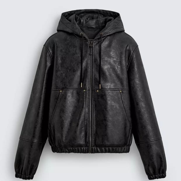품절 후드 가죽 효과 점퍼