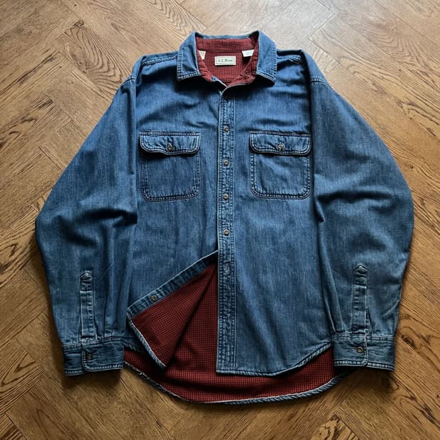 [XL]90's 엘엘빈 캐나다제 체크 라이닝 데님 워크 셔츠
