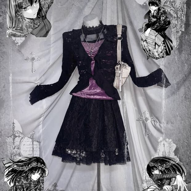 오사라기깔 무채색 고스 고딕 레이스 코디세트 