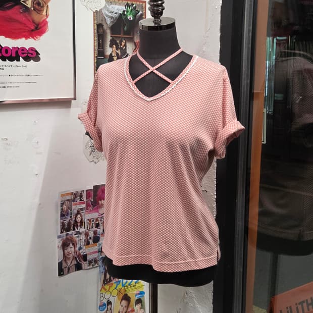 JPN 맥그리거 체크 홀터 V넥 반팔