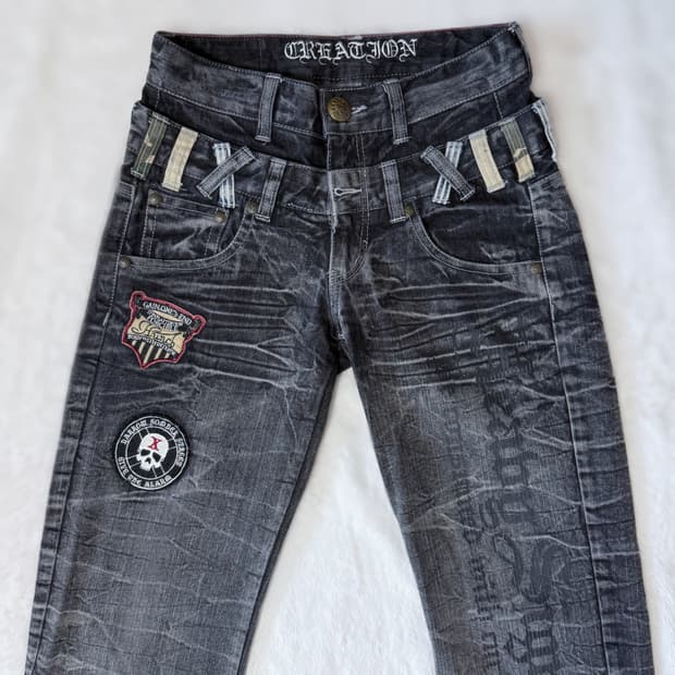 Creation 펑크 고스 고딕 하드 워시드 데님 팬츠