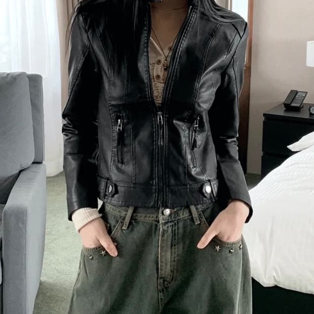 원더원더 빈티지 슬림핏 가죽 라이더 레더 자켓 락시크 y2k