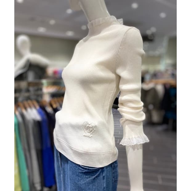 오즈세컨 레이스블록 골지 니트 탑